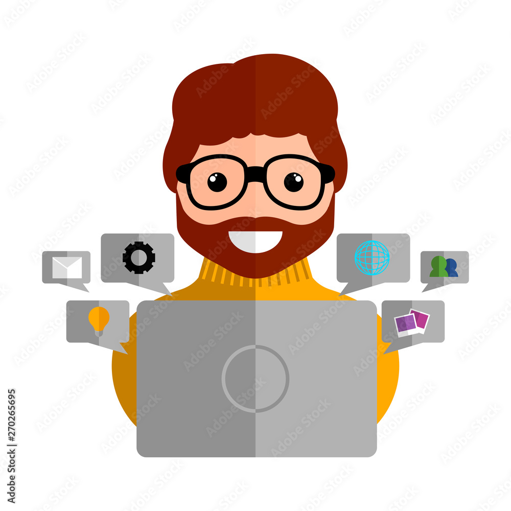 Community manager with a laptop and social media icons - Vector Community manager with a laptop and social media icons - Vector