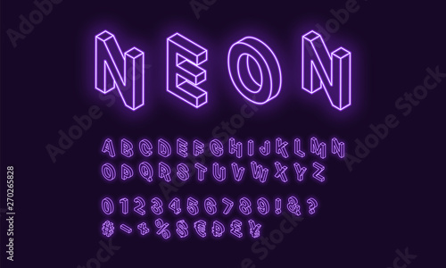 Neon isometric alphabet, Violet color. Neon Font