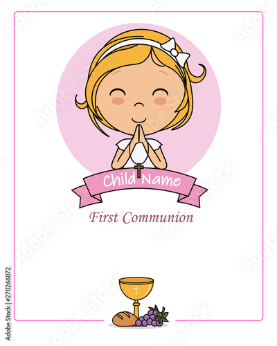 Card my first communion girl. Praying girl.