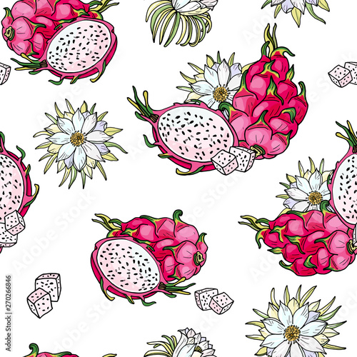 Pink pitaya.Seamless pattern.Summer tropical food for healthy lifestyle.Red dragon whole fruit and half,flower.