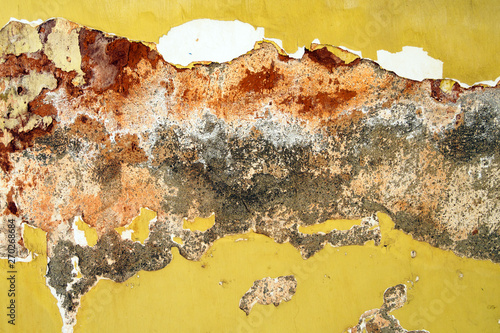 old yellow painted wall with cracks of cement background with red, white and gray stains