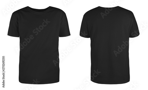 Men's black blank T-shirt template,from two sides, natural shape on invisible mannequin, for your design mockup for print, isolated on white background.. photo