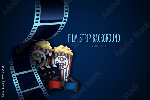 Popcorn box, cinema glasses and clapper board on the film strip background. Movie poster template for the film industry. 3d flyer or poster festival. Cinema concept for your design. Vector illustratio