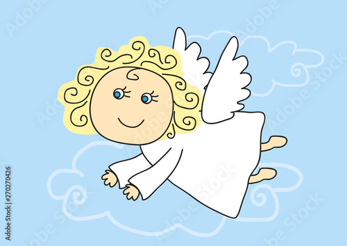 Cute angel flies on a blue background. Vector illustration.