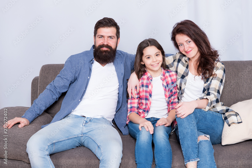 Family bonds. happy family relax at home. family weekend. mother and father love daughter. just relax. little girl with parents. relative bonds. bearded man and woman with child. time to relax