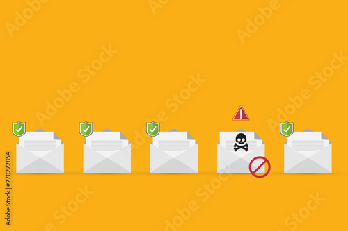 Email / envelope with black document and skull icon. Virus, malware, email fraud, e-mail spam, phishing scam, hacker attack concept. Vector illustration