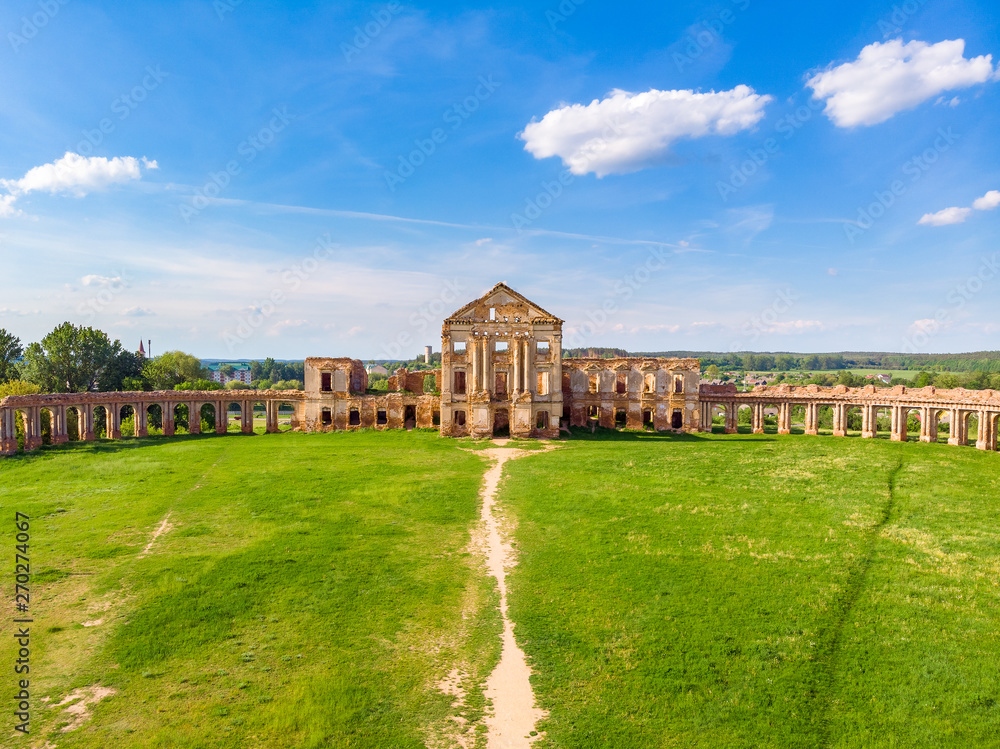 Old destructed palace in Ruzhany, Belarus. Brest region. Drone aerial photo