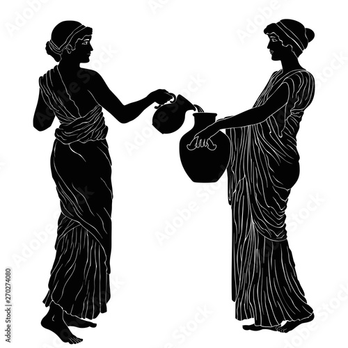 Two ancient Greek women poured wine from a jug. Vector image isolated on white background.