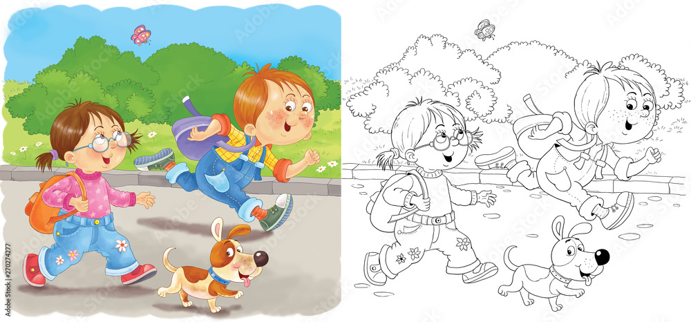 Obraz premium Cute little boy's day. Schedule. Coloring book. Coloring page. Cute and funny cartoon characters. Illustration for children