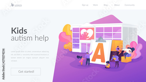 Special needs children rehabilitation school. Social workers, educators. Autism center, treatment of autism spectrum disorder, kids autism help concept. Website homepage header landing web page