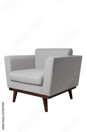 Modern bright grey fabric armchair with wooden legs isolated on white background. Strict style furniture