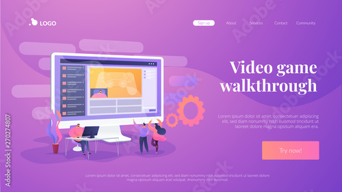 Gamer at computer streaming and commentating game process, tiny people. Video game walkthrough, popular video content, gaming video stream concept. Website homepage header landing web page template.