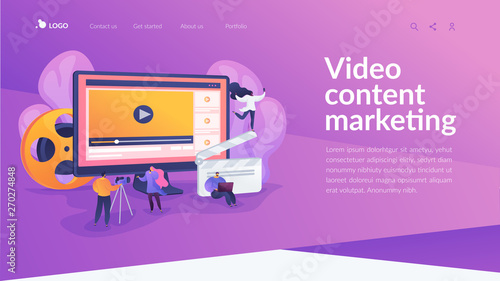 Marketers creating and distributing video content, tiny people. Video content marketing, video marketing strategy, digital marketing tool concept. Website homepage header landing web page template.