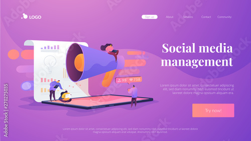 Social media management, company SMM strategy, digital marketing tool concept. Website homepage header landing web page template.