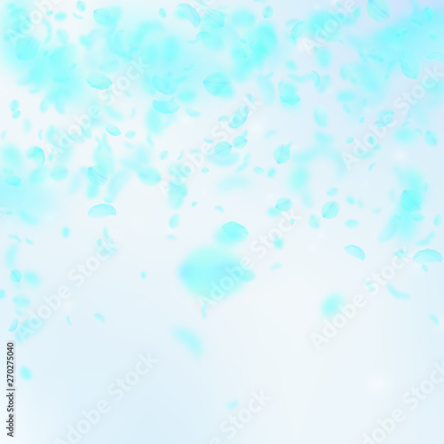 Turquoise flower petals falling down. Flawless rom