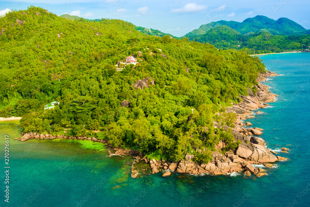 Aerial view of the tropical Mahe Island and beautiful lagoons