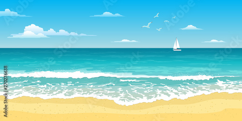 Seascape with waves, cloudy sky and seagulls. Yacht on the horizon. Tourism and travelling. Vector design
