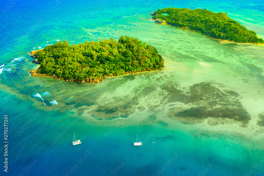 Aerial view of the tropical Mahe Island and beautiful lagoons