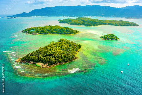 Aerial view of the tropical Mahe Island and beautiful lagoons photo