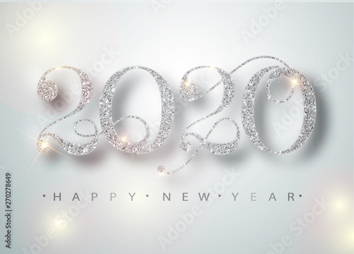 Happy New Year 2020 Greeting Card with Silver Numbers and Confetti Frame on White Background. Vector Illustration. Merry Christmas Flyer or Poster Design. Vector 10 EPS.