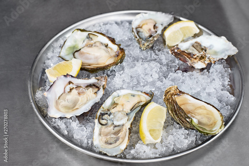 Tray of opened fresh oysters on half shell on ice with lemon, street trading on a street. Close up, appetizer to wine, healthy food