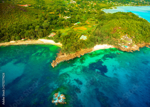 Aerial view of the tropical Mahe Island and beautiful lagoons