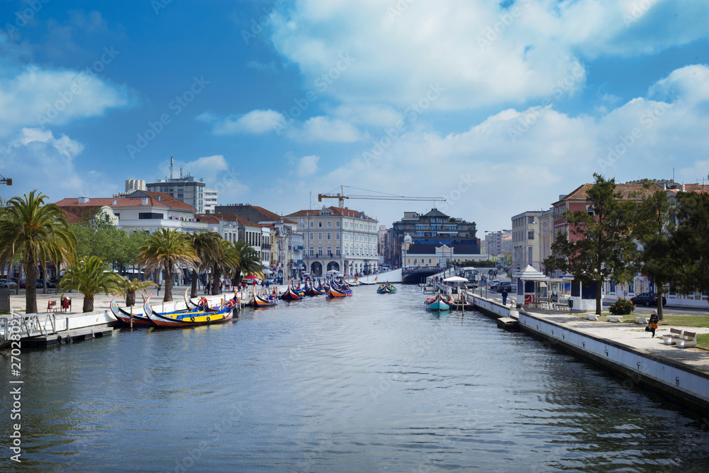 The panorama of Aveiro city and canal with boats called 