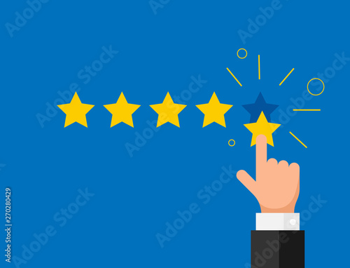 Online feedback reputation quality customer review concept flat style. Businessman hand finger pointing five gold star rating. Vector illustration
