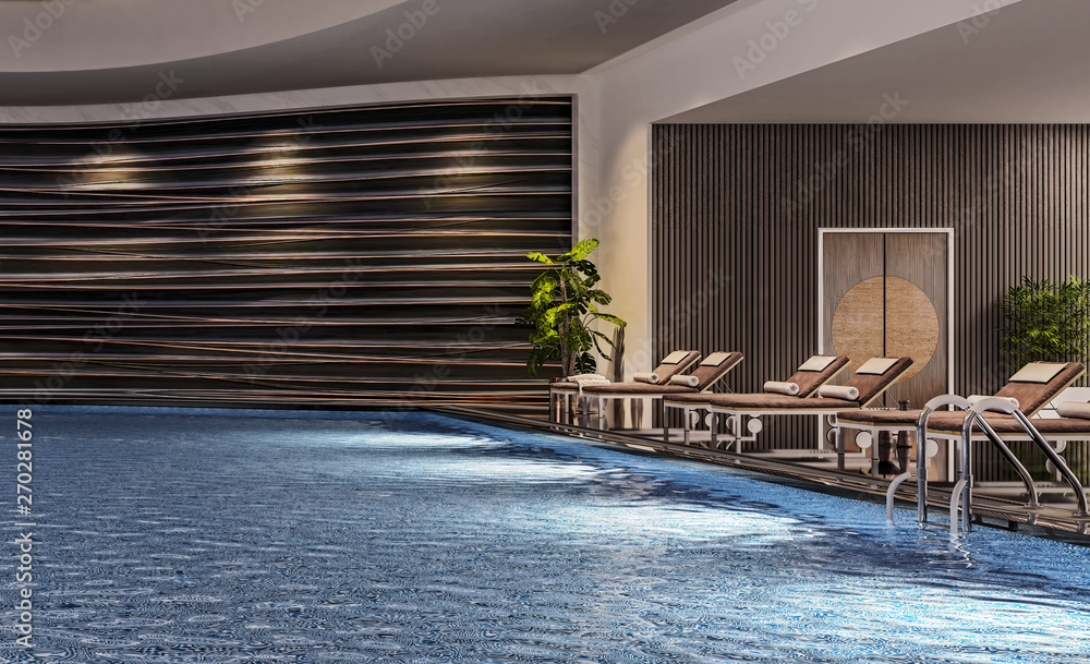 Modern interior design of indoor swimming pool with pool beds, night ...