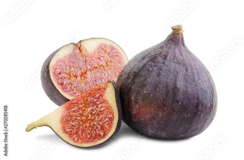 Blue violet ripe fig and pieces a fig isolated on white background.