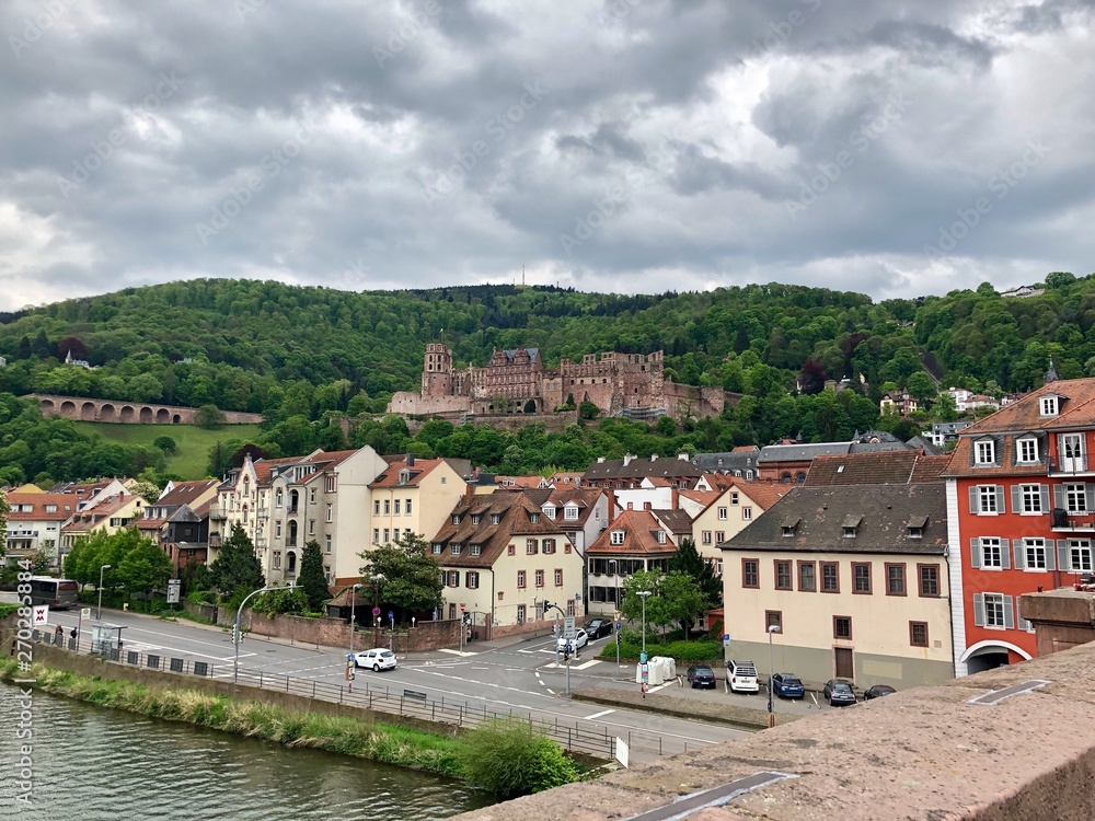 Renaissance Heidelberg castle on the hillside overlooking Heidelberg town in Germany