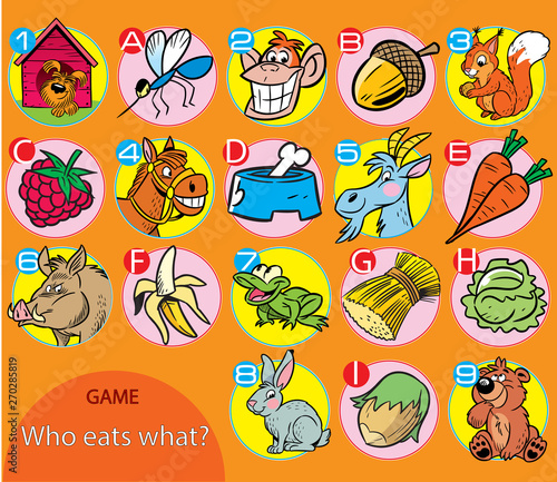 Puzzle , where it is necessary to correctly decide what does every animal like to eat.  Vector illustration for educational and entertainment programs for children.