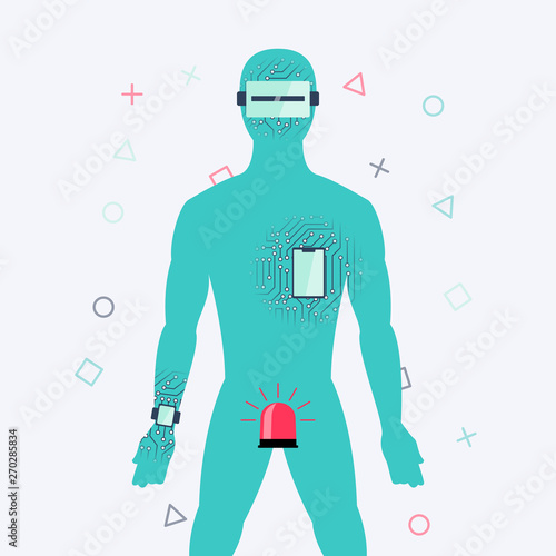 Funny concept of the impact of technology on humans. Vector illustration.