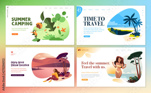 Set of flat design web page templates of summer vacation, travel destination, nature, tourism. Modern vector illustration concepts for website and mobile website development. 