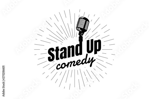 Stand up comedy night live show sign. Retro microphone with inscription and diverging linear rays. Vintage vector illustration