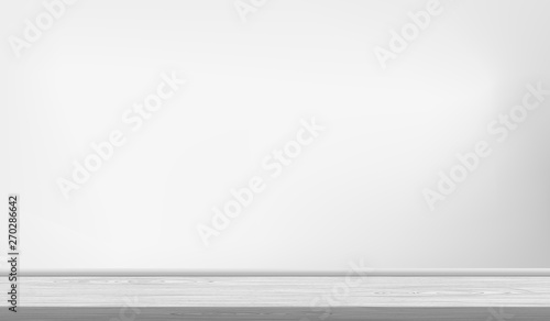 Empty white wooden floor, shelf surfece next to white wall. Vector illustration