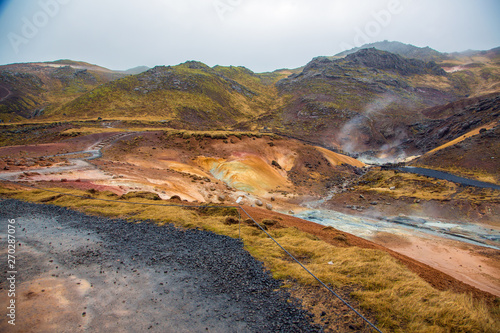 Geothermal area with colorful mineral rocks