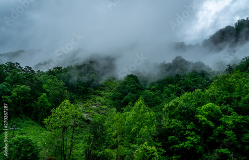 A rainy day in Chimney Rock makes the clouds hang low.