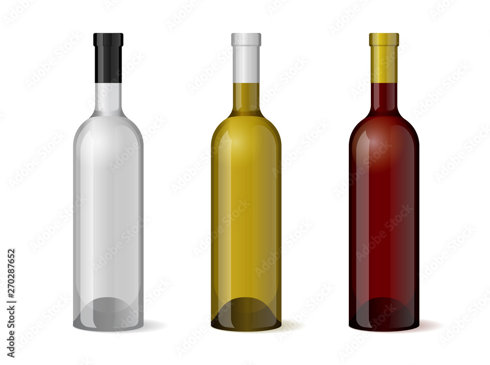 Wine realistic 3d bottle packaging template set for alcohol industry design. Vector illustration