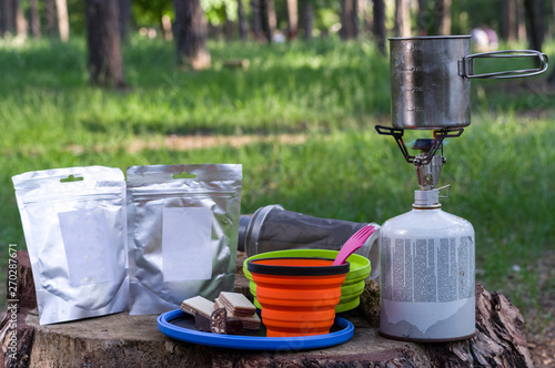 Preparation of freeze-dried food in nature. Steaming food on the street. photo