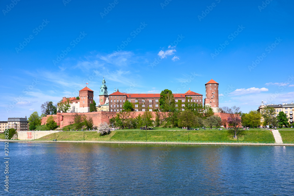 Panoramatic view of Wawel Castle via Vistula river in Krakow city, Poland