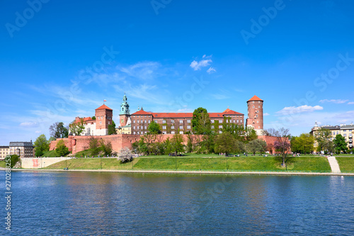 Panoramatic view of Wawel Castle via Vistula river in Krakow city, Poland