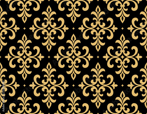 Wallpaper in the style of Baroque. Seamless vector background. Gold and black floral ornament. Graphic pattern for fabric, wallpaper, packaging. Ornate Damask flower ornament