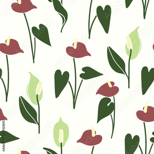 Seamless background with anthurium and spathiphyllum plant. Drawing beautiful floral exotic pattern for print.