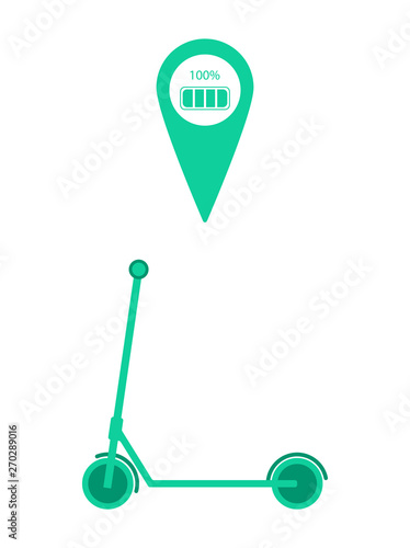 Electric kick scooter with map location pin and 100% battery charge indicator isolated on white background. Micromobility city transport. Vector illustration eps10.