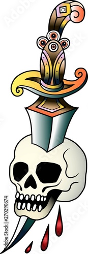 Skull with dagger on a white background. Vector illustration Old school tattoo line art. Suitable for printing transfer tattoos and stickers back to school
