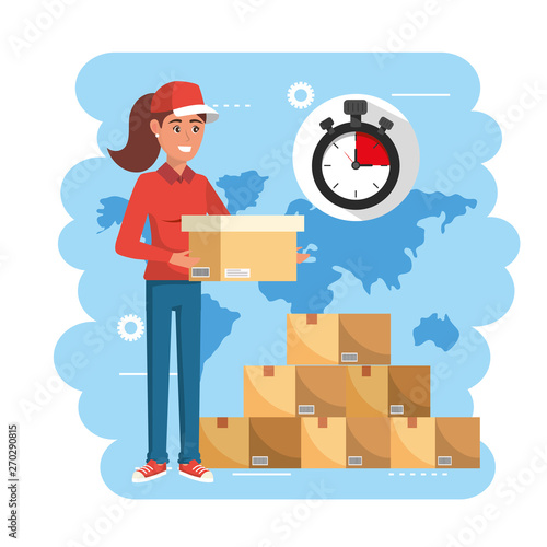 delivery woman with boxes packages service and chronometer