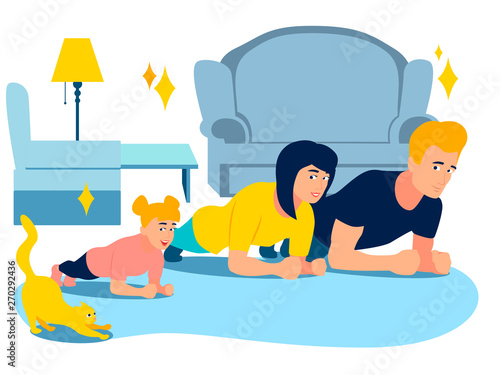 Exercise Plank. Sports family and animals. In minimalist style Cartoon flat Vector