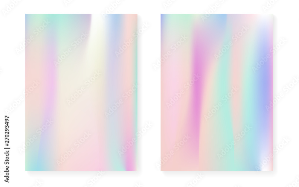 Holographic cover set with hologram gradient background. 90s, 80s retro style. Pearlescent graphic template for placard, presentation, banner, brochure. Stylish minimal holographic cover.