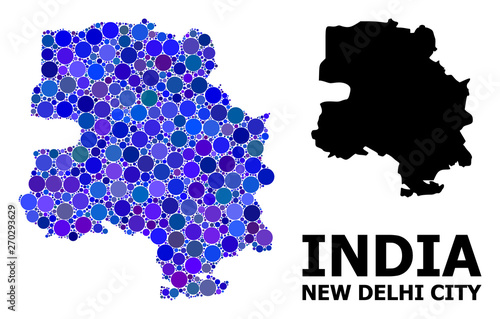 Blue Round Dot Mosaic Map of New Delhi City